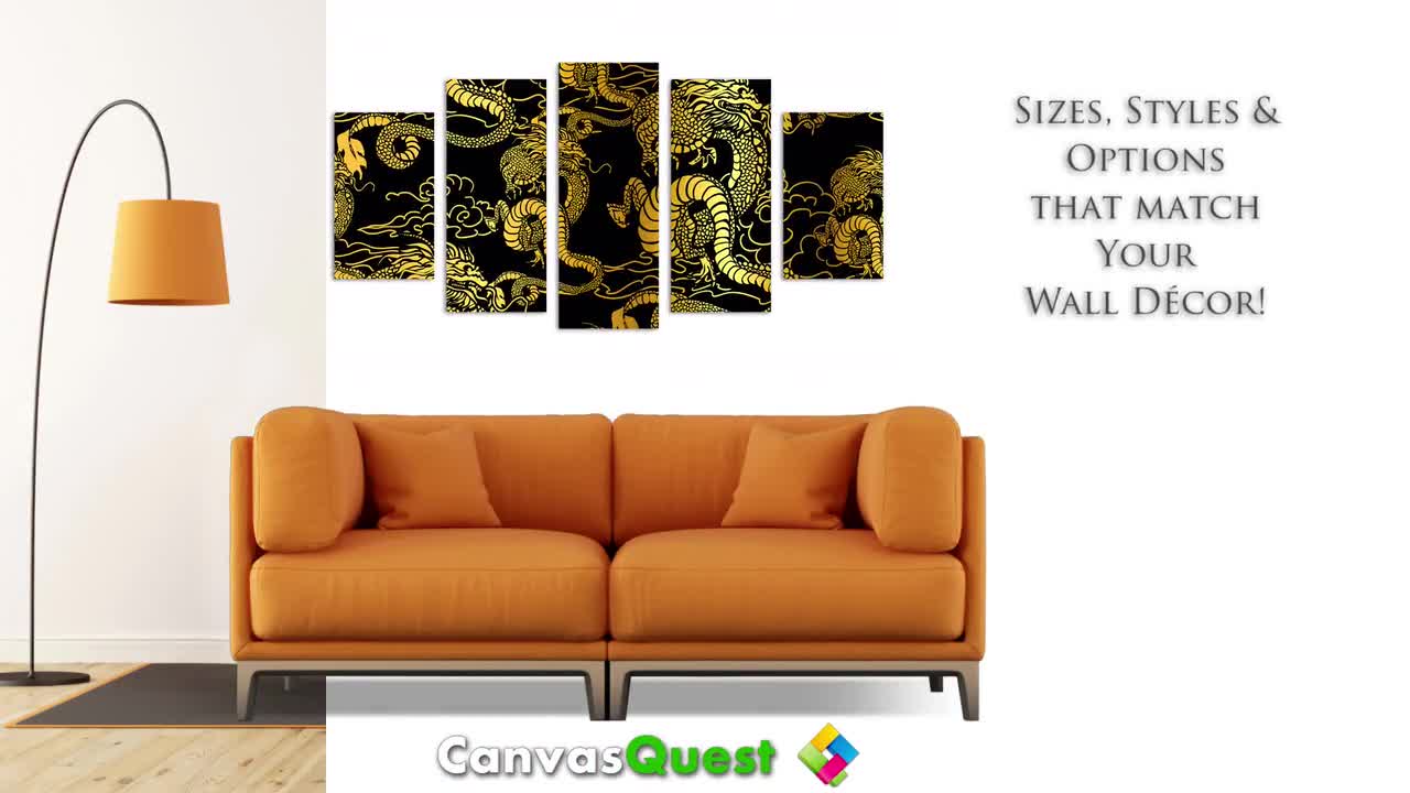 Chinese Dragons Canvas Print Wall Art Yellow-gold on Black